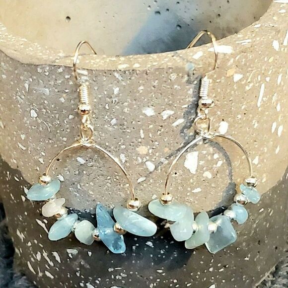 Handcrafted Baroque Aquamarine Gemstone Sterling Silver Plated Hoop Earrings - Picture 1 of 8